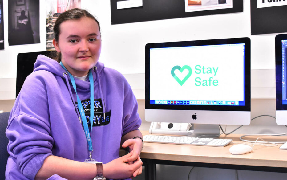 Keira Todd, Digital Art student, working on her Stay Safe logo in The Arts Academy at Bede Campus.
