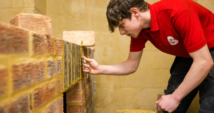 Bricklaying Student at Sunderland College performing a practial.